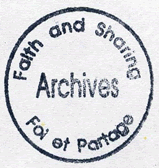 A circular stamp imprint that reads Faith and Sharing Archives Foi et Partage