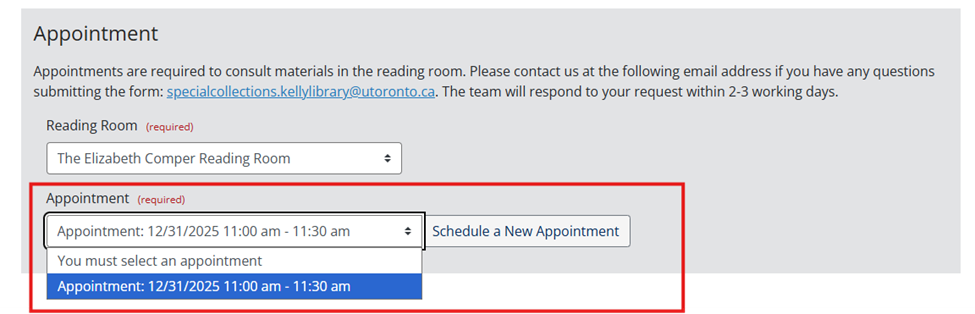 A screenshot of the Appointment section of Rare Books form, with the Appointment dropdown menu engaged. There is one existing appointment in the dropdown menu, and it is highlighted. A red box highlights the appointment dropdown menu.