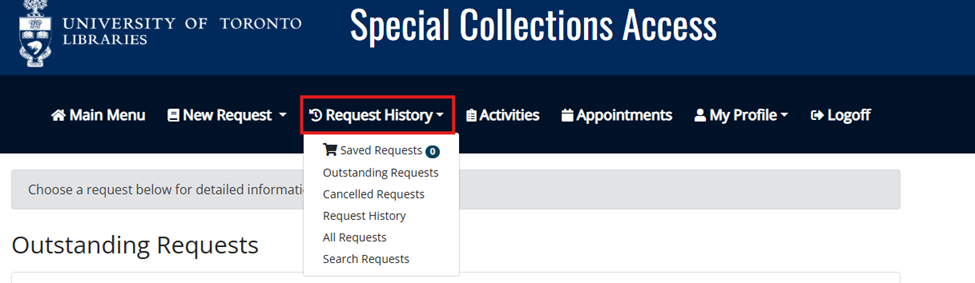 A screenshot of the Special Collections Access homepage for logged-in users. Seven headings are at the top of the page, reading from left to right: "Main Menu," "New Request," "Request History," "Activities," "Appointments," "My Profile," and "Logoff." The "Request History" heading is in a red box and has been clicked, leading to a dropdown menu with options "Saved Requests," "Outstanding Requests," "Cancelled Requests," "Request History," "All Requests," and "Search Requests."