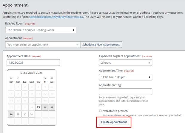 A screenshot of the Appointment section of the Archival Materials Request form. There are options to select a reading room, and an existing appointment time, both from drop-down menus. To the right of the Appointment drop-down menu, there is a button reading "Schedule a New Appointment." Clicking this button will reveal a new section with a calendar where users may select an appointment date. To the right of this, there are dropdown menus asking "Expected Length of Appointment," "Appointment Time" and "Appointment Tag." Only the first two of these are marked as required. A button reading "Create Appointment" is at the bottom of the picture and highlighted in a red box.